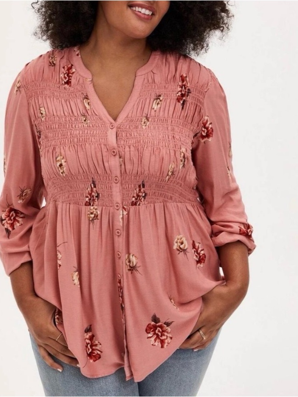 torrid Dusty Rose Floral Smocked Button Blouse Women size 3X Casual Travel Vacay
